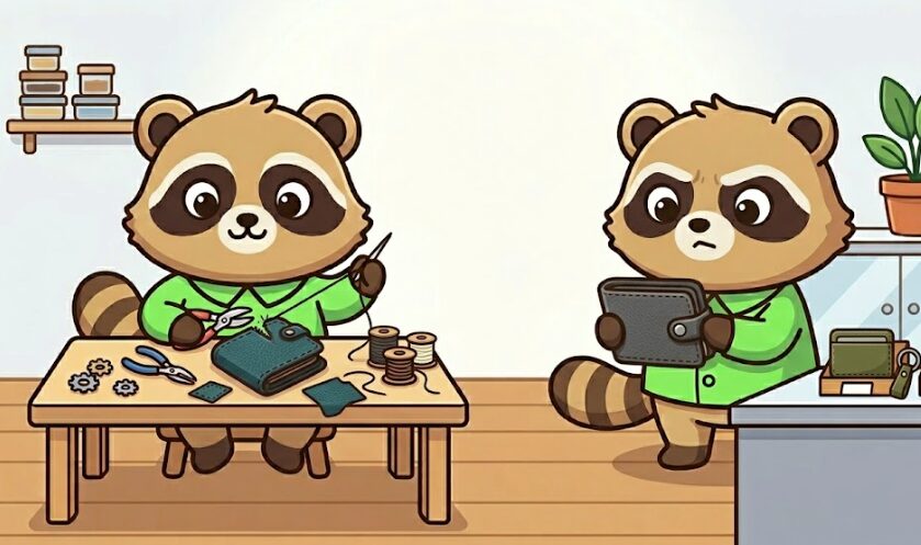 たぬきが傷んだ財布を修理する場面と新しい財布を持って比べる場面が左右に並んでいる