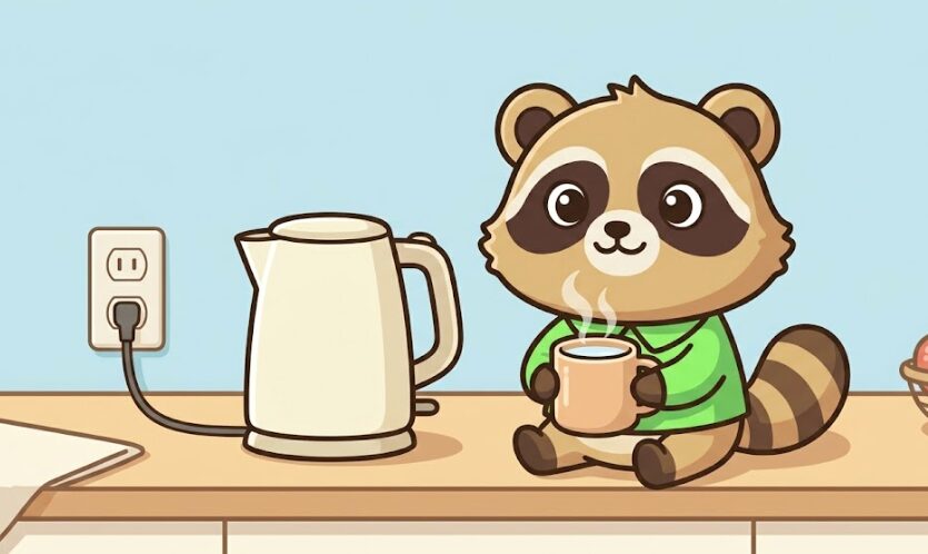 たぬきが電気ケトルで作った白湯のマグカップを持って安心しているイラスト
