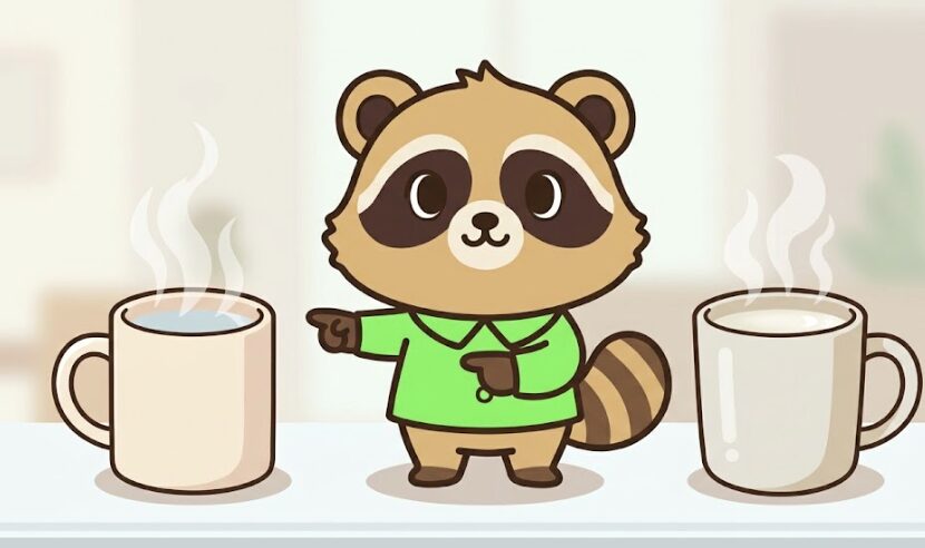 たぬきが白湯とお湯のマグカップを指差しながら、違いをやさしく説明しているイラスト