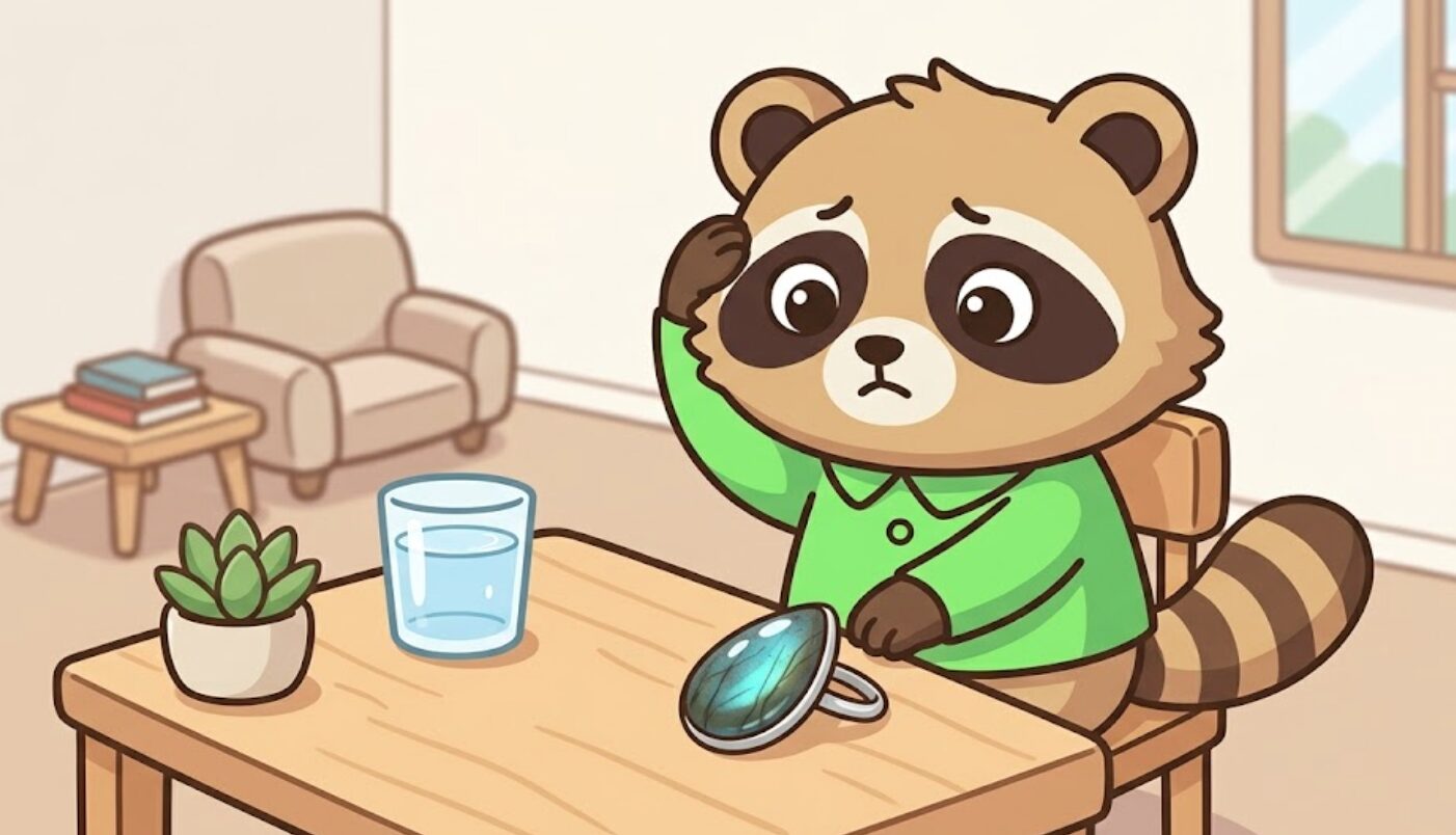 ラブラドライトのリングを外して頭を押さえる緑のシャツのたぬき