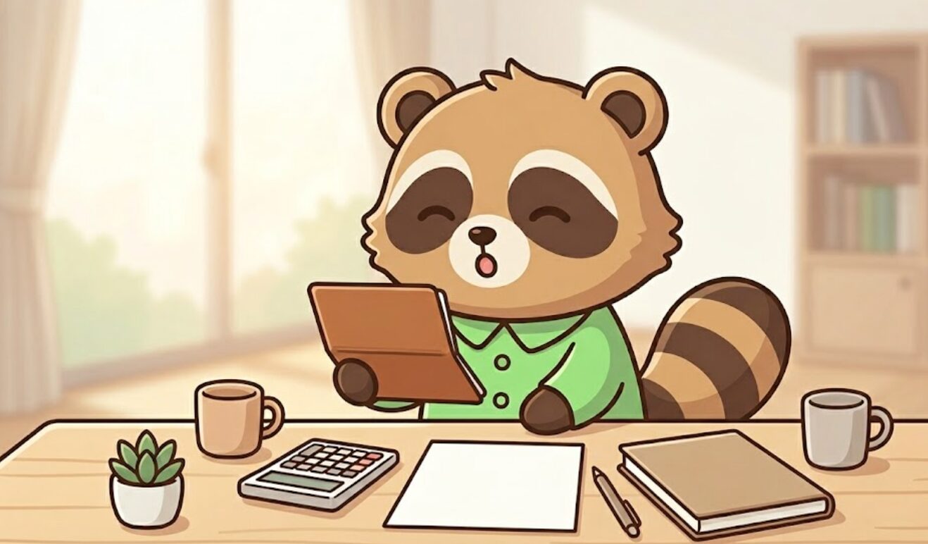 緑のシャツを着たたぬきが机で通帳や明細を確認しながら、落ち着いて家計を見直している様子