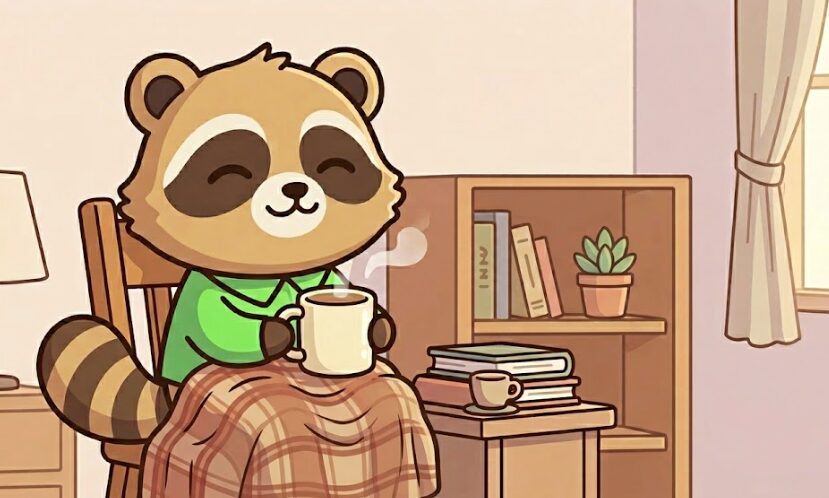 ひとりの部屋で飲み物を持ってほっとしている、緑のシャツのたぬきのイラスト