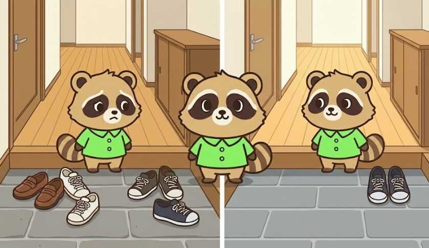 玄関のたたきに出す靴の数が多い状態と少ない状態を左右で比較し、靴を減らすと玄関がすっきり広く見えるメリットを表現した緑のシャツのたぬきキャラクターのブログ用挿絵