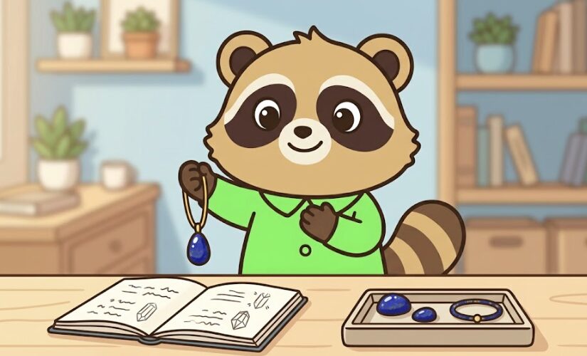 ラピスラズリのアクセサリーを手にして気持ちを整えるたぬきキャラクターのアイキャッチ画像