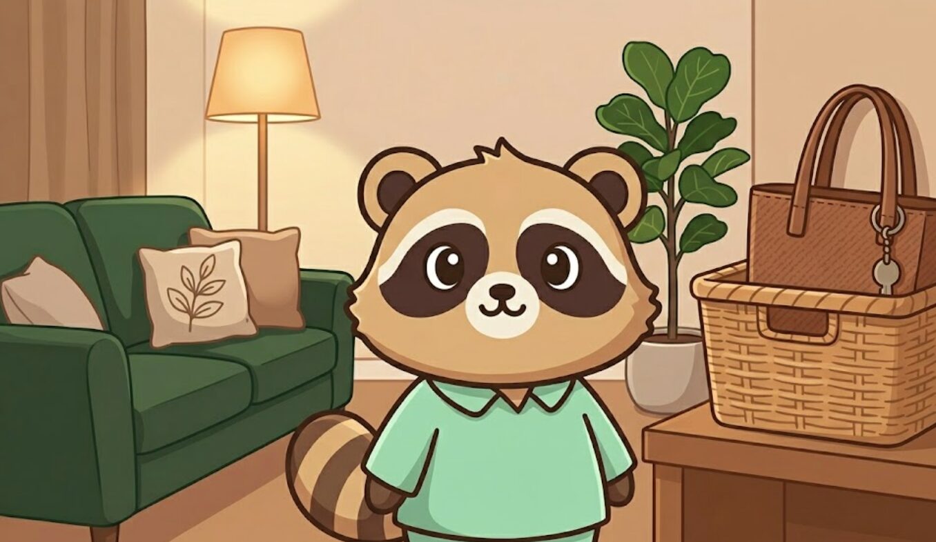 たぬきがリビングでバッグを片づけ、部屋着に着替えてくつろぐ準備をしているイラスト