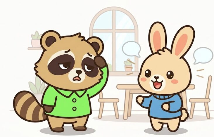 会話のあとに肩を落として疲れている、緑のシャツのたぬきのイラスト