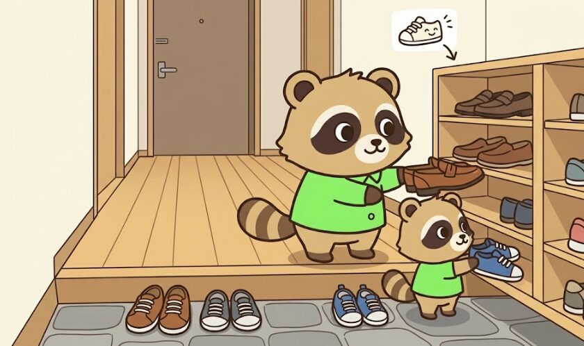 家族の靴が増えやすい玄関を整えるコツを表現した、親子のたぬきキャラクターが戻しやすい低い収納棚に外履きの靴を片付けているブログ用挿絵