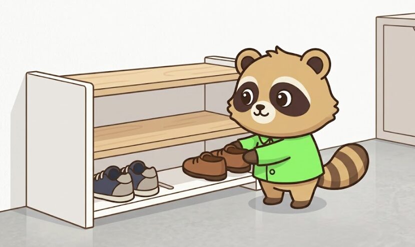 シューズラックに靴を戻して玄関をすっきり保つたぬき