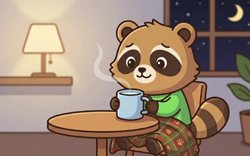 たぬきが少し冷めた白湯のマグカップを両手で持ち、落ち着いた表情で飲もうとしているイラスト