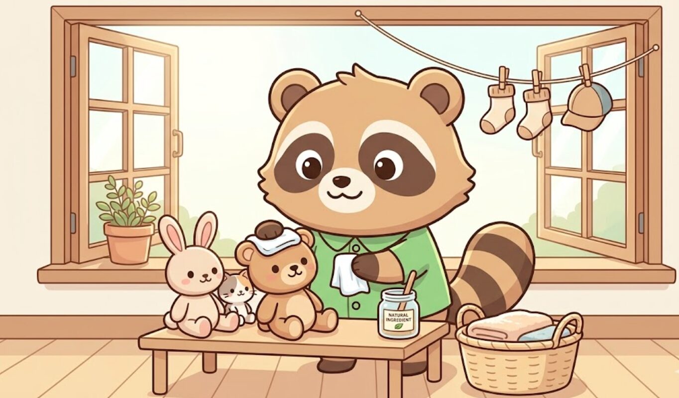 窓辺でぬいぐるみを干したり拭いたりして手入れするたぬきのイラスト