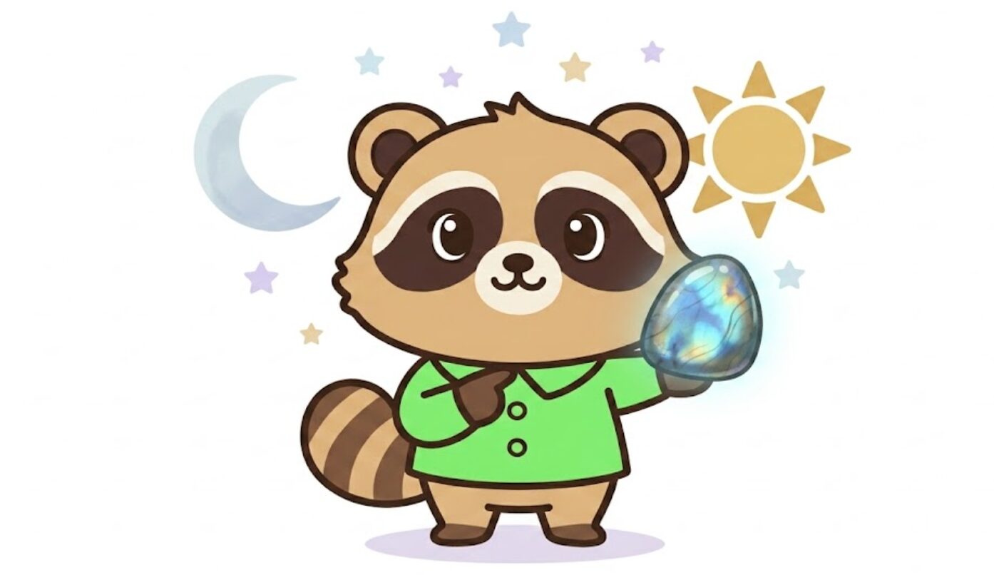 月と太陽を背景にラブラドライトを指差して説明する緑のシャツのたぬき