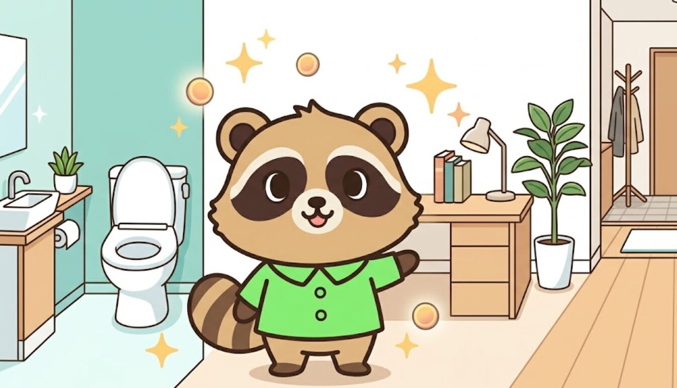 整った部屋の中で、緑のシャツを着たたぬきがトイレや玄関、机を指差しながら金運低下のサインを説明している様子