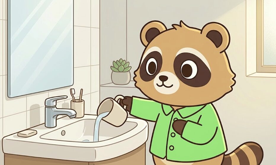 朝の洗面所で緑の前開きパジャマを着たかわいいたぬきが、洗面台のシンクにコップの水を静かに流しながら、胸に手を当てて穏やかに微笑んでいるv