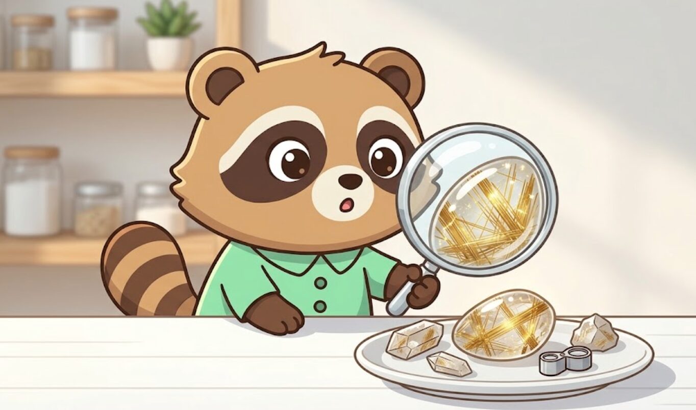 緑のシャツのたぬきが虫眼鏡でルチルクオーツの中の金色の針をじっと観察している