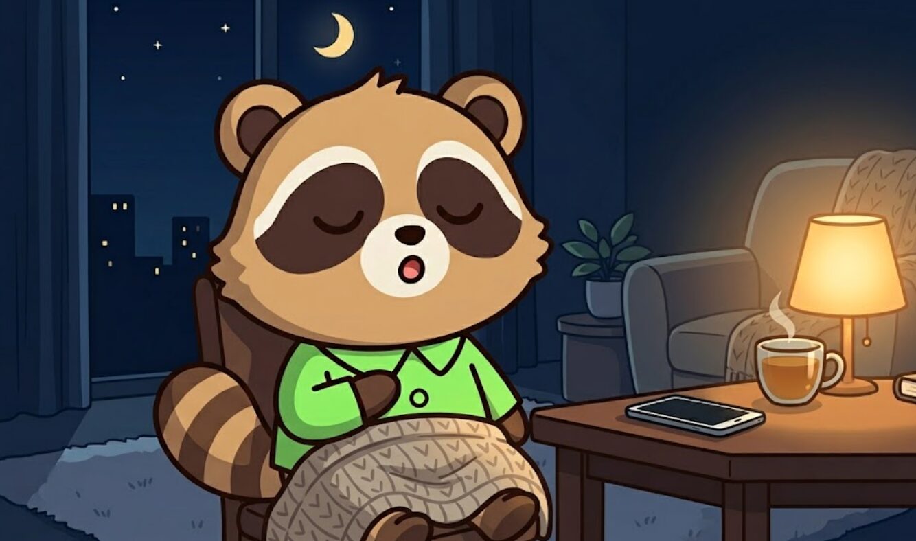 たぬきがスマホを机に伏せて置き、夜の部屋で静かに深呼吸しているイラスト