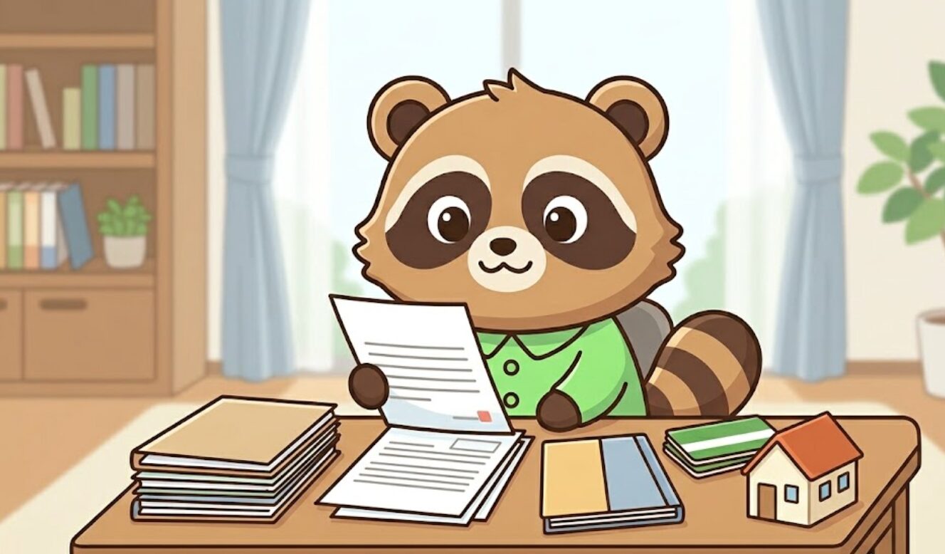 緑のシャツを着たたぬきが机で保険証券を見直し、必要な書類を整理して安心している様子