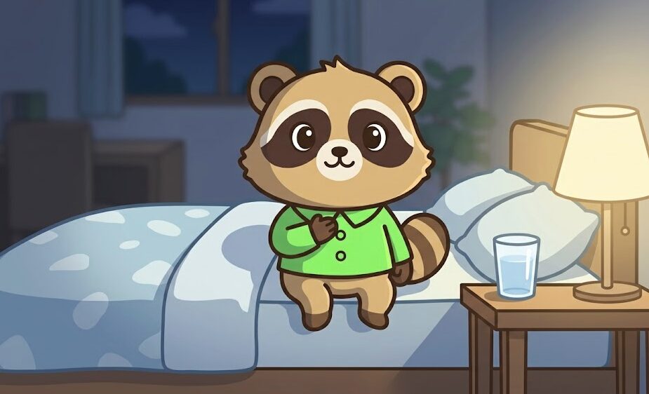 ベッドに座ったたぬきが胸に手を当て、枕元のコップの水のそばでほっとした表情をしている