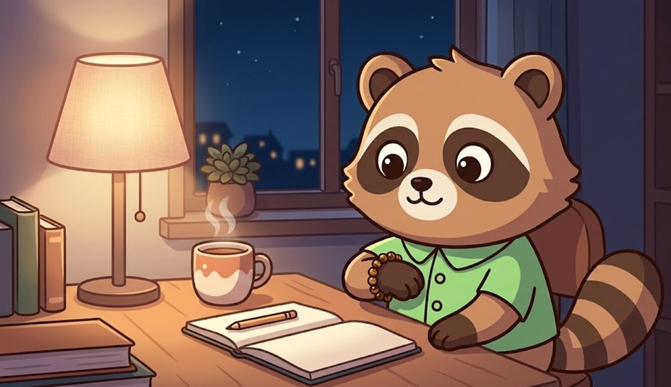 机の前で小粒のタイガーアイブレスレットを静かに見つめながら、疲れた心を落ち着けているたぬきのイラスト