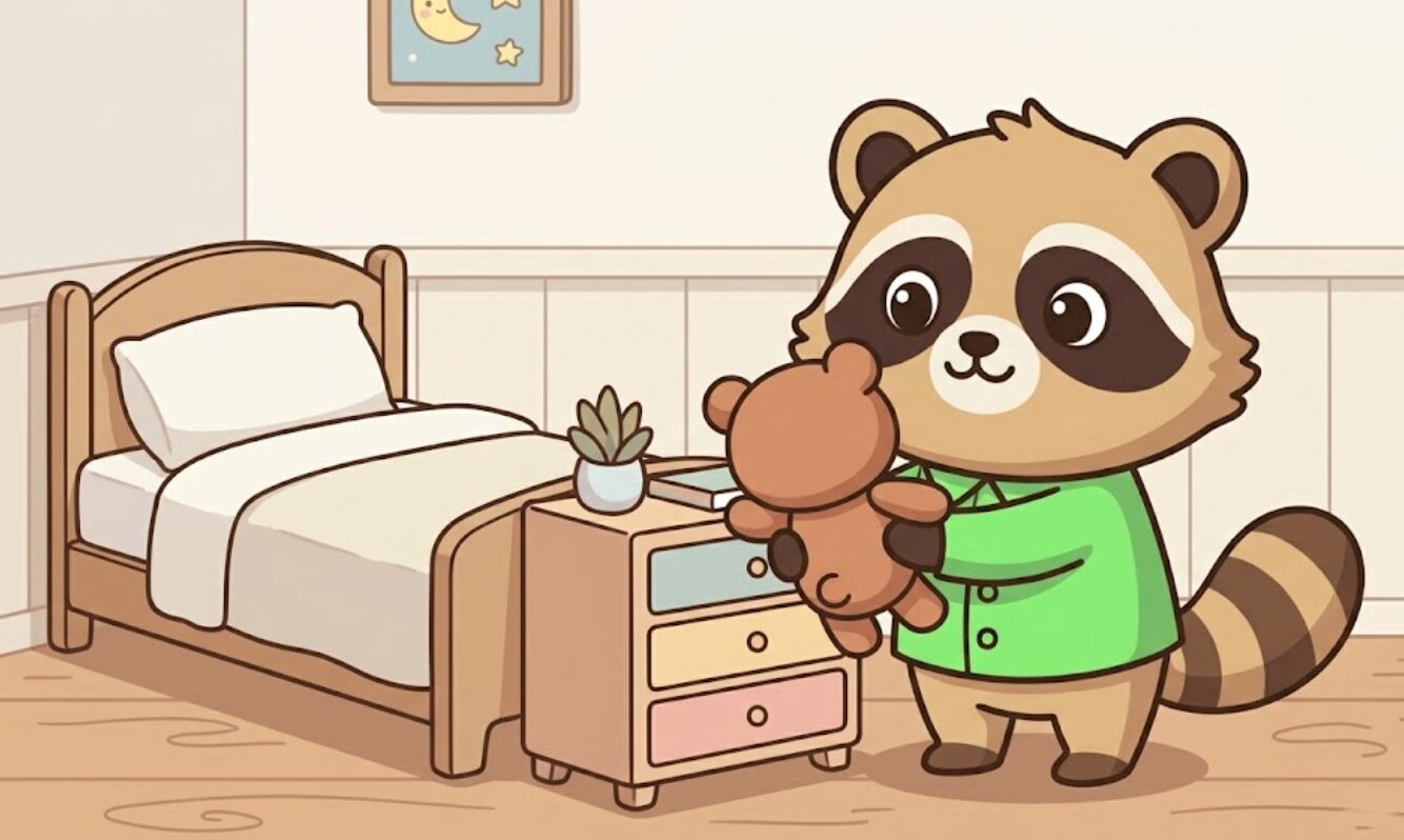 枕元のぬいぐるみをチェストへ移動しているたぬきのイラスト