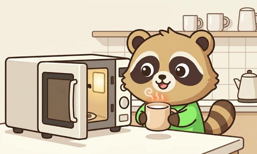 たぬきが電子レンジで温めた白湯のマグカップを取り出しているイラスト
