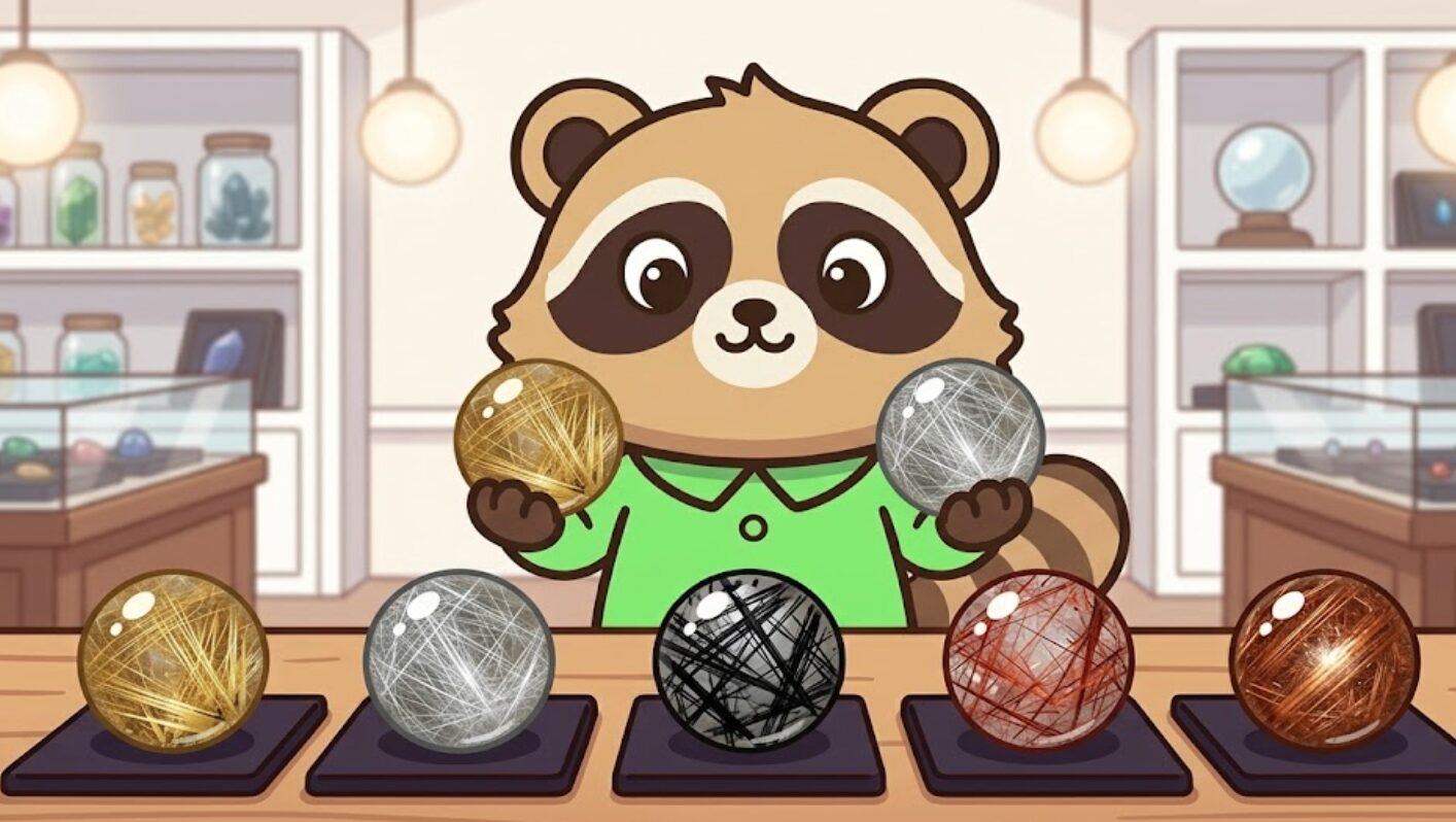 緑のシャツのたぬきが、色の異なる複数のルチルクオーツをテーブルに並べて見比べている