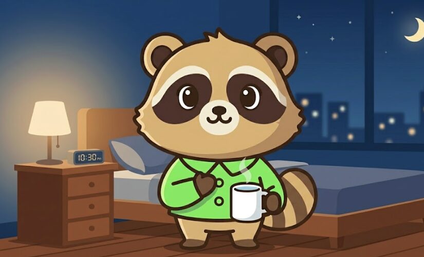 夜の部屋で、たぬきが胸に手を当てながら白湯のマグカップを持って心を落ち着けているイラスト