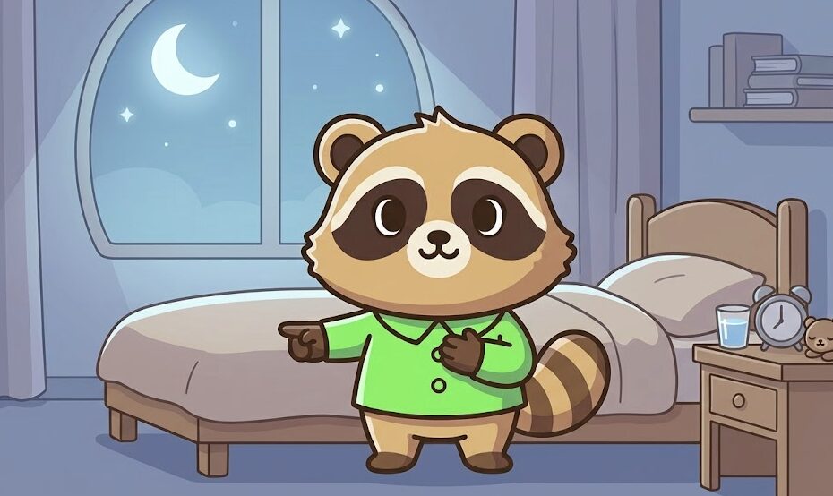 夜の寝室で、たぬきが枕元のコップの水をやさしく指差しながら穏やかな表情を見せている