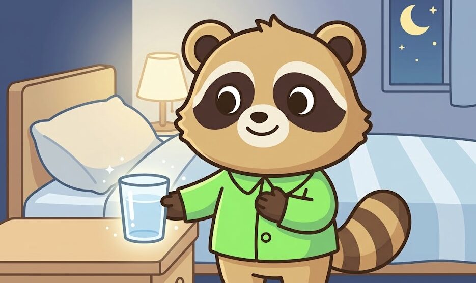夜の寝室で緑の前開きパジャマを着たかわいいマスコット風のたぬきが、ベッドに座って枕元のコップの水をそっと置きながら、胸に手を当てて安心した笑顔を見せている