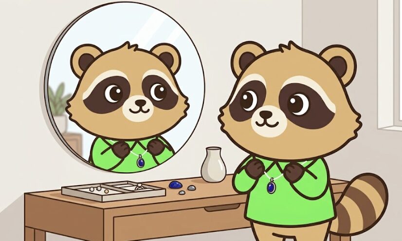 ラピスラズリのアクセサリーを鏡の前で選び、自分の軸を整えるたぬきキャラクター