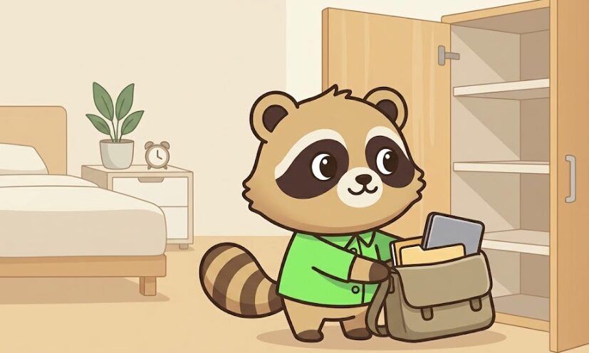 仕事用バッグをクローゼットにしまっている、緑のシャツのたぬきのイラスト