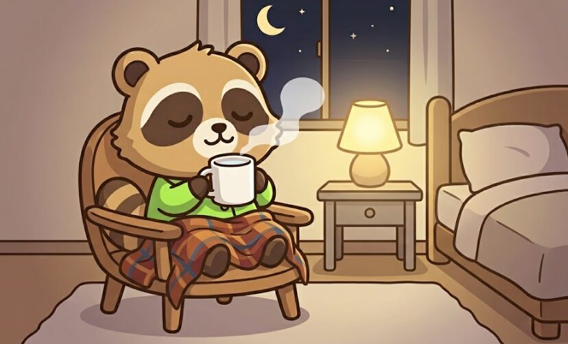 寝る前の部屋で、たぬきが白湯をゆっくり飲みながらリラックスしているイラスト