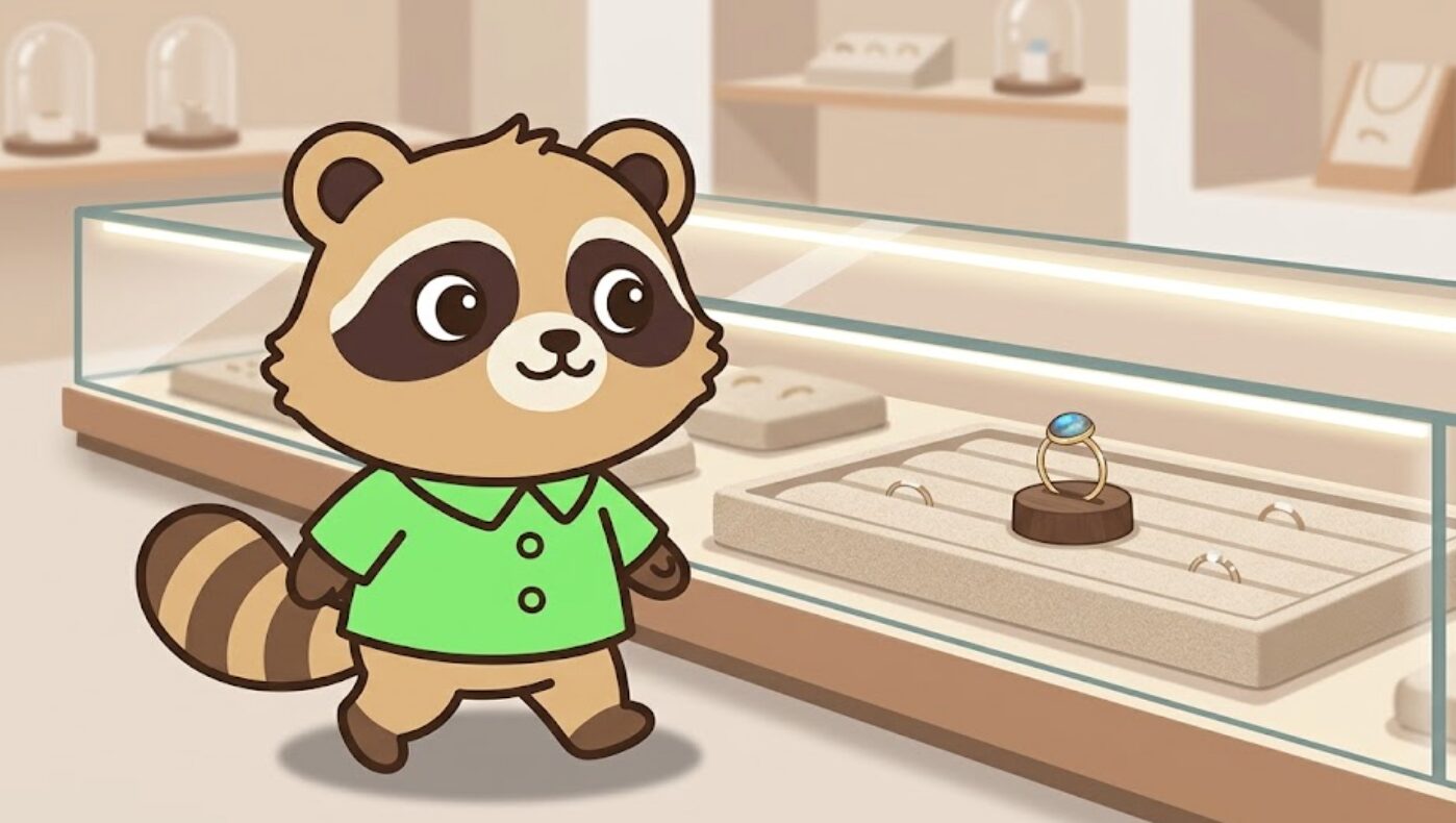 ラブラドライトのリングを身につけて明るい道を歩く緑のシャツのたぬき