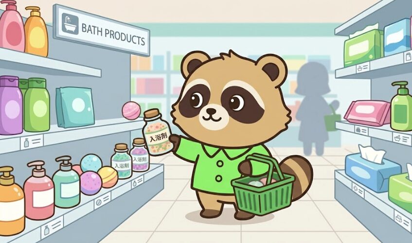 ドラッグストアで入浴剤を手に取って選んでいる、緑のシャツのたぬきのイラスト
