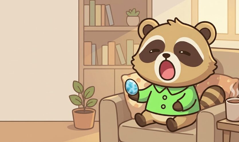 ラリマーを手にしたまま眠そうにあくびをして、心身の疲れをにじませている緑のシャツのたぬきのイラスト