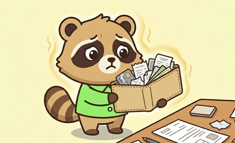 たぬきがレシートやカードでいっぱいになった財布を開いて困った表情で見ている