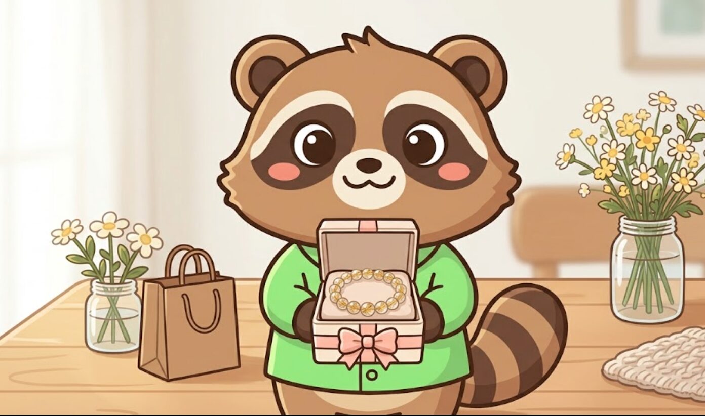 緑のシャツのたぬきが、ルチルクオーツのブレスレットが入ったギフトボックスをやさしく差し出している