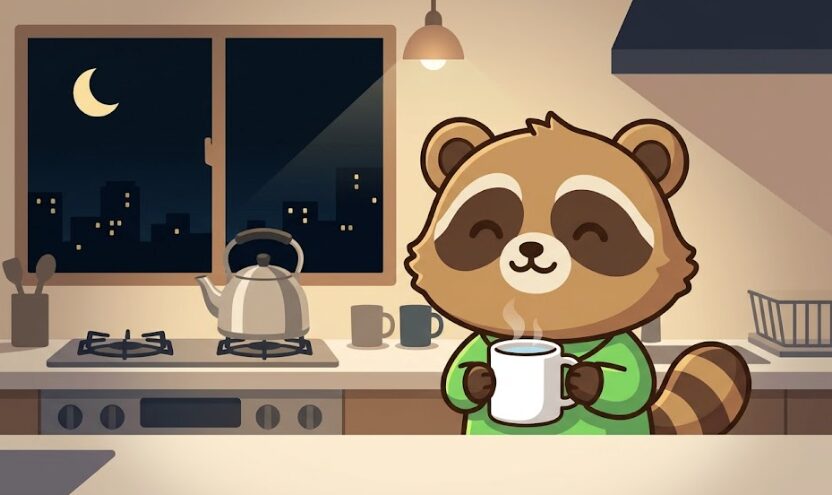 夜のキッチンで、緑のシャツを着たたぬきが白湯のマグカップを持ってほっとしているイラスト