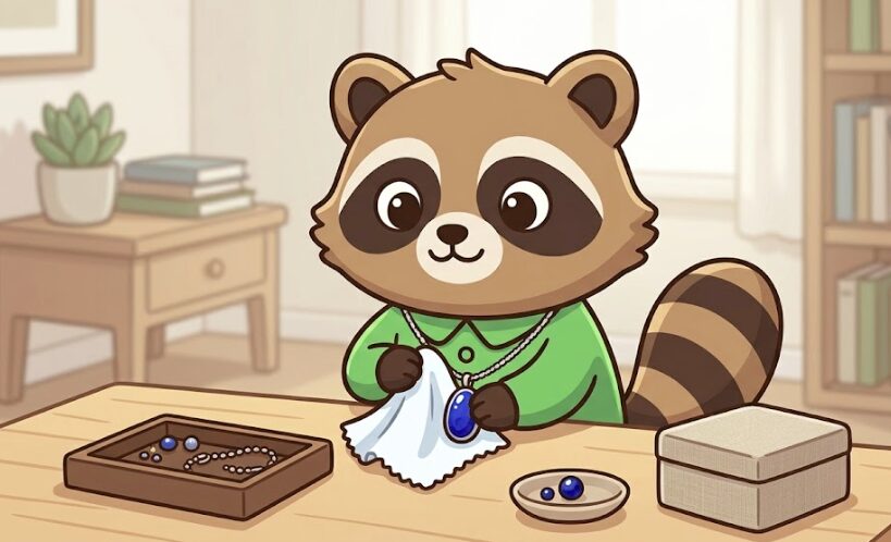 ラピスラズリのアクセサリーを布で拭いて日常的にお手入れするたぬきキャラクター