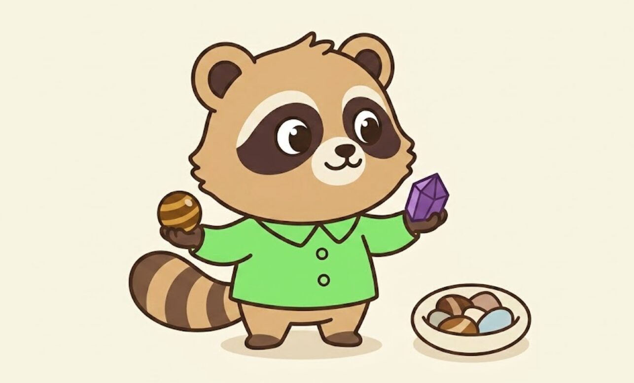 小さなタイガーアイアクセサリーとアメジストアクセサリーを左右の手に持ち、穏やかに見比べているたぬきのイラスト