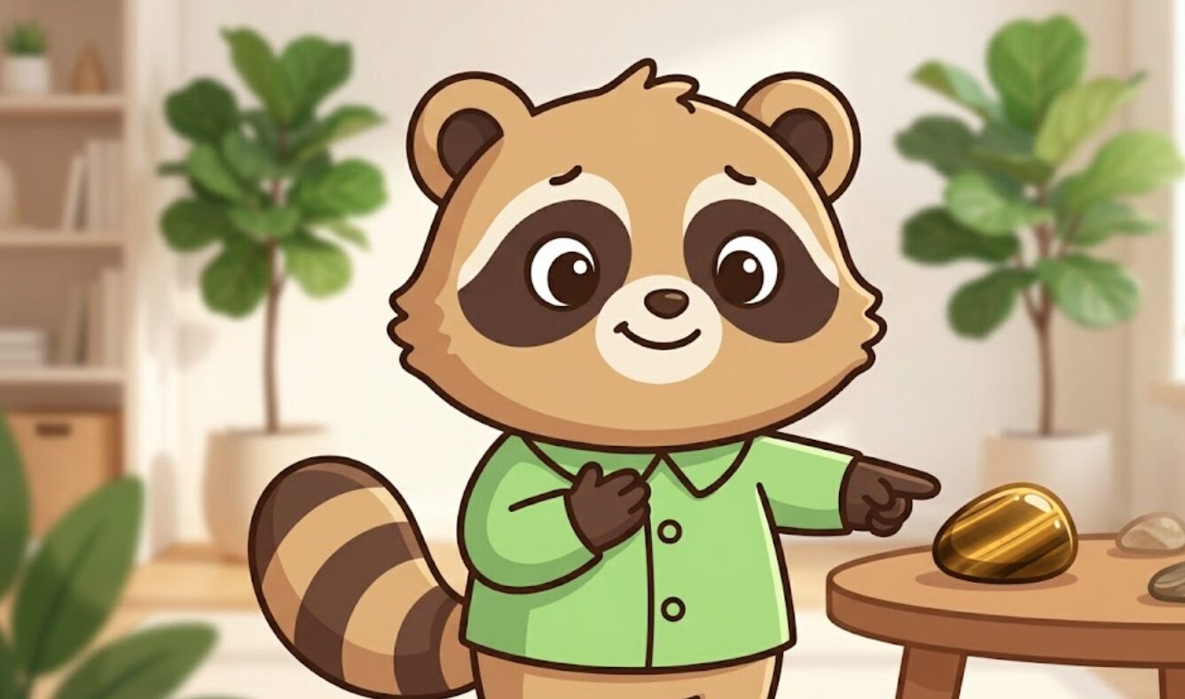 タイガーアイを指差しながら胸に手を当て、自分の感覚を取り戻そうとしているたぬきのイラスト