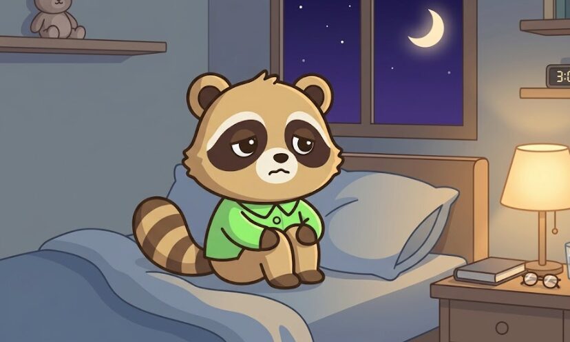 夜の寝室で不安そうにベッドに座る、緑のシャツのたぬきのイラスト