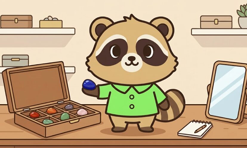 日常生活にラピスラズリを取り入れる方法を紹介するたぬきキャラクター