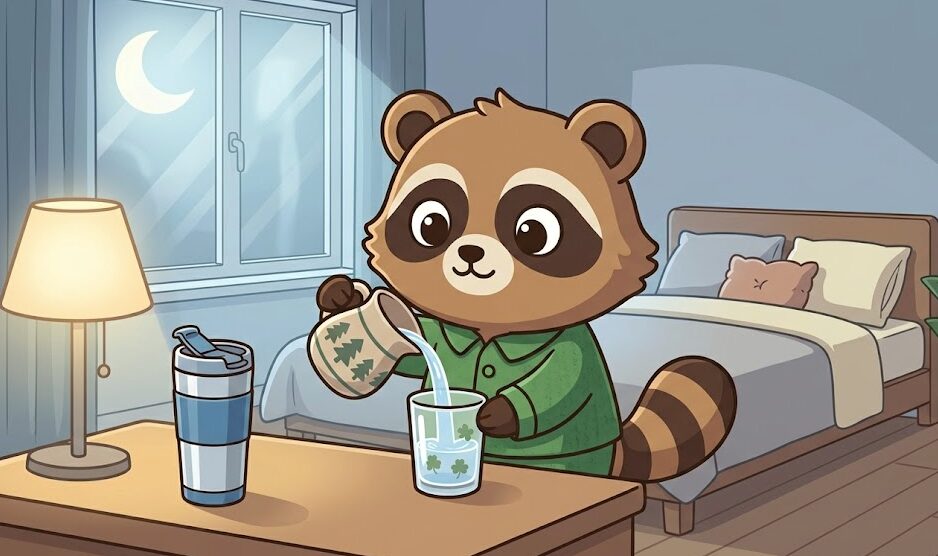 夜の寝室で、たぬきがコップに水を注いで枕元に置き、隣に飲み水用のタンブラーも用意している