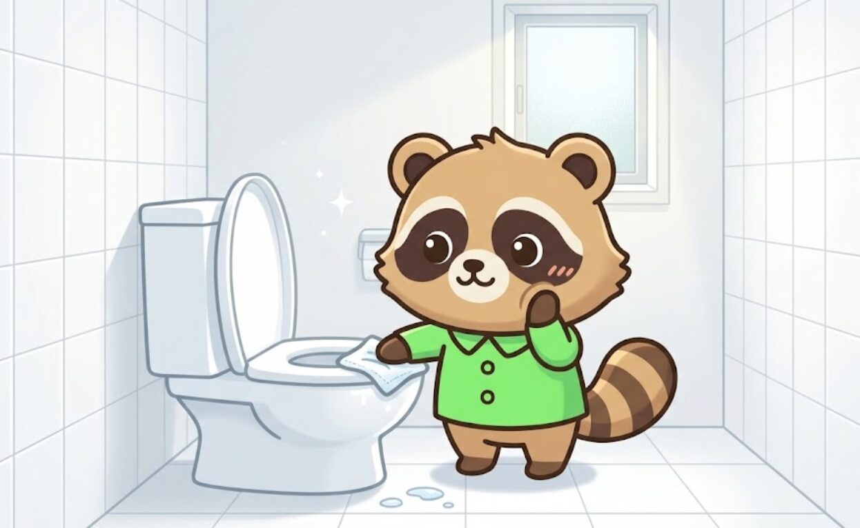 緑のシャツを着たたぬきが清潔なトイレで便器や床を丁寧に掃除している様子