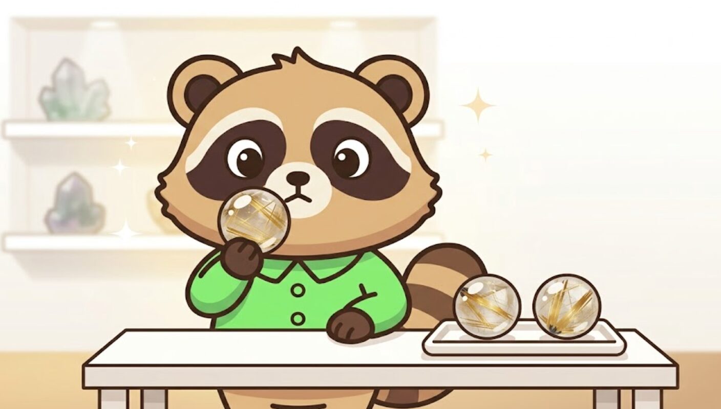 緑のシャツのたぬきが複数のルチルクオーツを手に取り、針の太さや透明度を確認して選んでいる