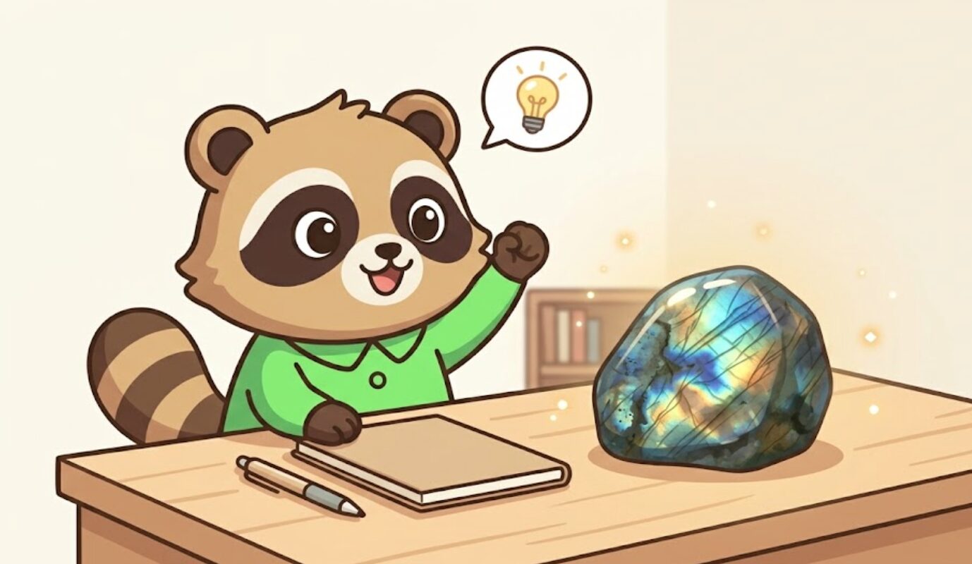 机でラブラドライトを見ながらひらめく緑のシャツのたぬき