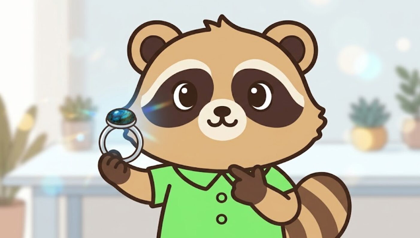 ラブラドライトのリングを持って笑顔で説明する緑のシャツのたぬき