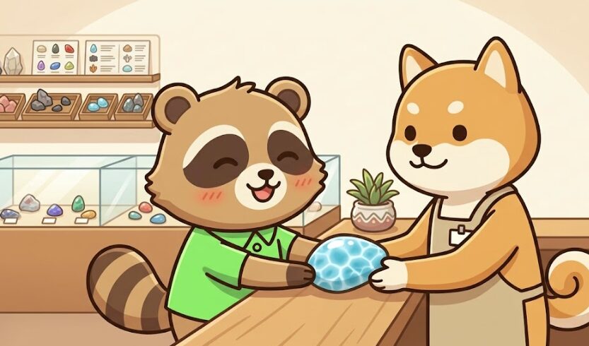 ラリマーを専門店のカウンターで店員に手渡し、供養や引き取りを相談している緑のシャツのたぬきのイラスト