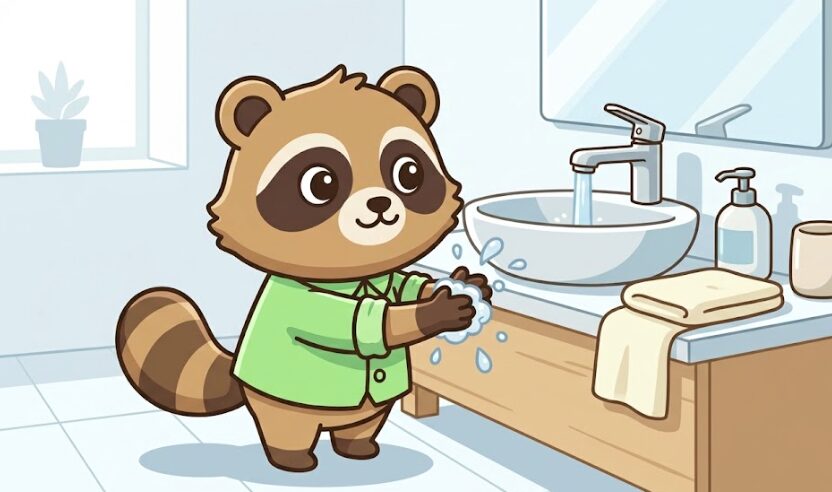 洗面所で手を洗って気分をリセットしている、緑のシャツのたぬきのイラスト