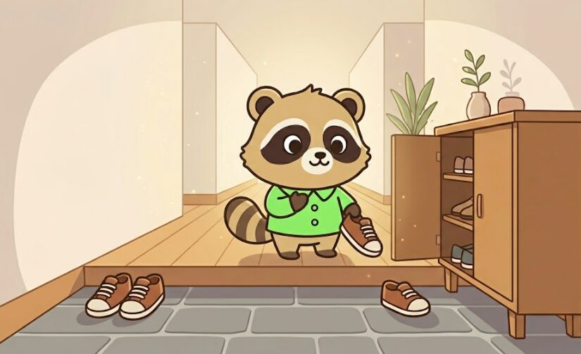 玄関で外履きの靴を1足手に持ちながら、必要な数を見直して落ち着いた表情を見せる緑のシャツのたぬきキャラクターのイラスト